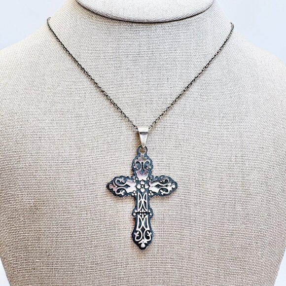 VTG Sterling Silver 925 Budded Scroll Cross Pendant Necklace Size 18" Length - Picture 1 of 14